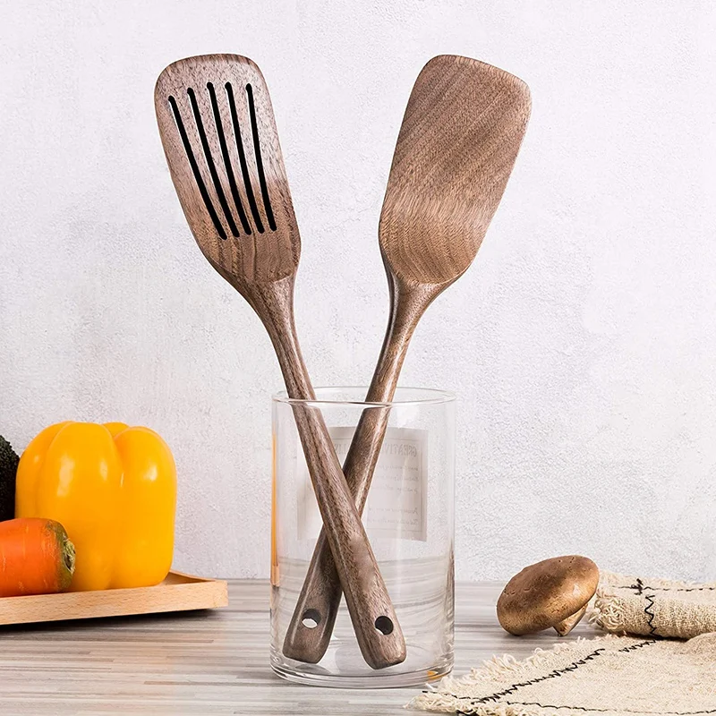 Wooden Spatula&Slotted Spatula for Cooking Black Walnut Long Handle Wood Slotted Turner for Non-Stick Cookware