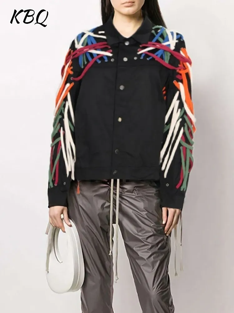 

KBQ Spliced Lace Up Colorblock Streetwear Jackets For Women Lapel Long Sleeve Single Breasted Loose Chic Coats Female Autumn New