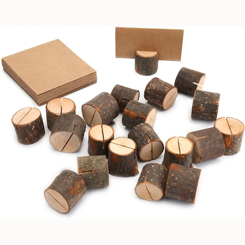10 Pieces Rustic Wooden Place Card Holders with 10 Kraft Paper Cards Table Number Photo Holder for Wedding Party Decorations