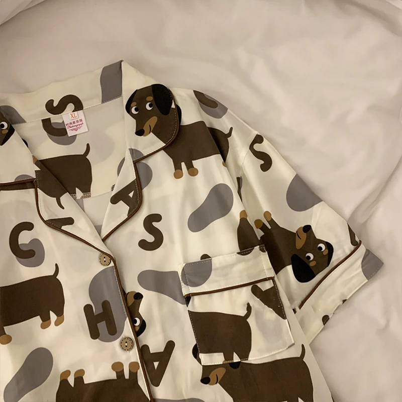 Women Pajamas Set Cotton Pajamas Set Spring Summer Cute Women's Pajamas Set Dachshund Print Two Pieces Short Sleeve Tops Full Length Pants Sleepwear 3991