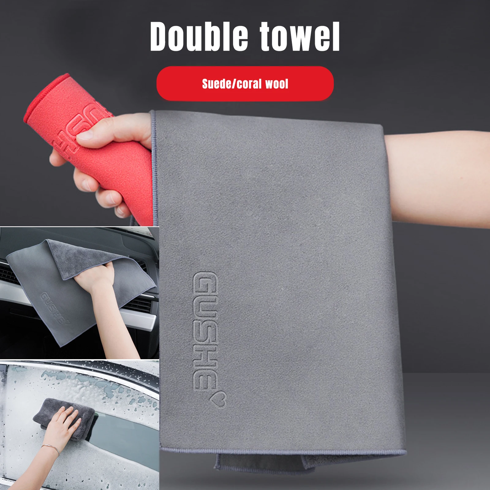 

1Pc Super Absorbent Car Drying Towel Suede & Coral Velvet Double-Sided Car Cleaning Cloth Multipurpose Auto Towel