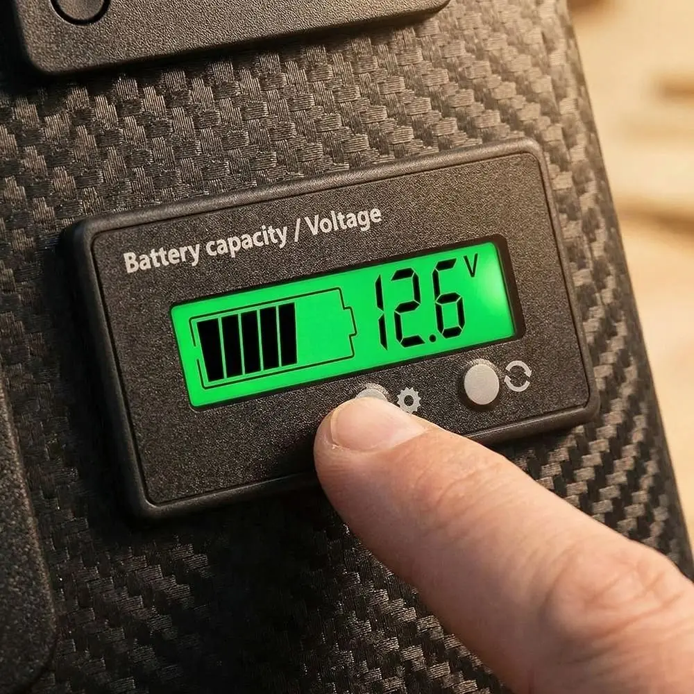 Indicateur de batterie universel 6V-72V pour plomb et lithium, montrant les voyants de charge.