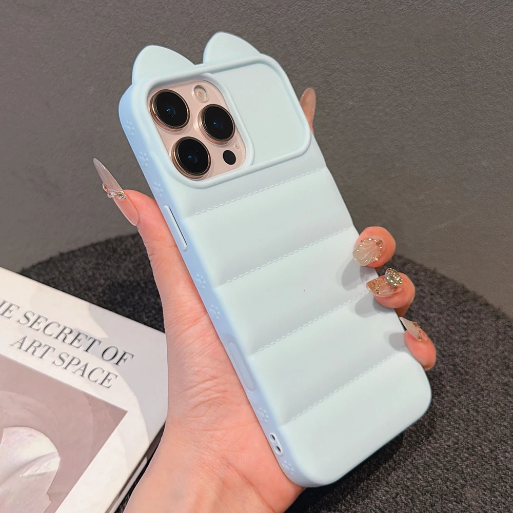 Adorable 3D Cat Ears Soft Phone Case with Down Jacket Shockproof Back Cover