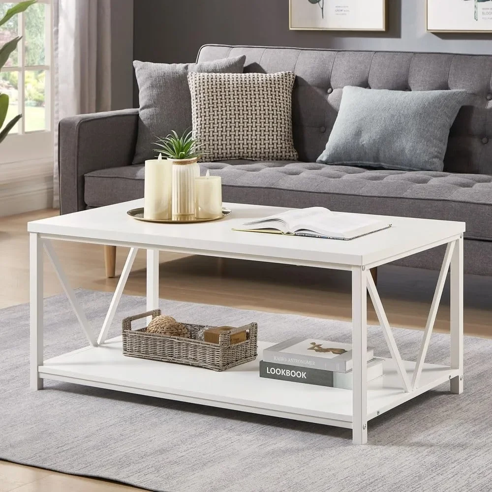 Rustic Coffee Table, Modern Living Room Table with Storage Shelf, White Oak 4