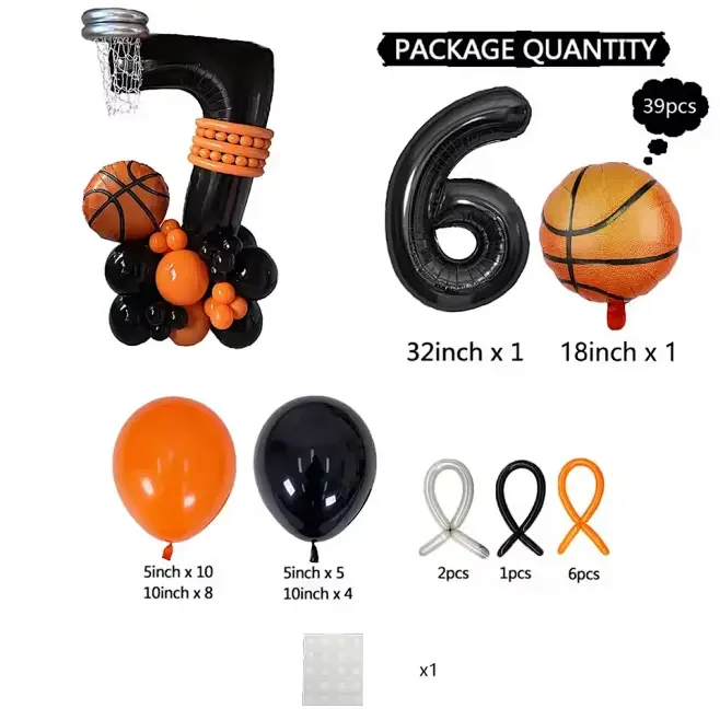 Basketball Birthday Party Balloons Set - 39pcs Sports Themed Decor with Large Foil Numbers