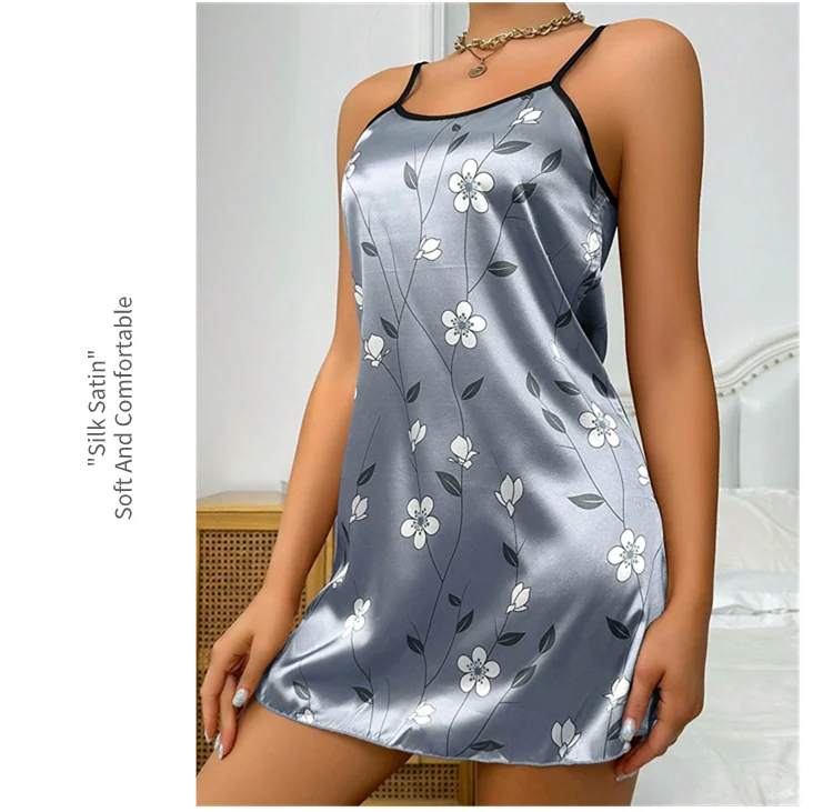 Damen Nachthemd Satin Blumen druck Nachthemd bequemes Spaghetti träger Nachtwäsche Kleid luxuriöses Satin Slip Nachthemd – Detail 11