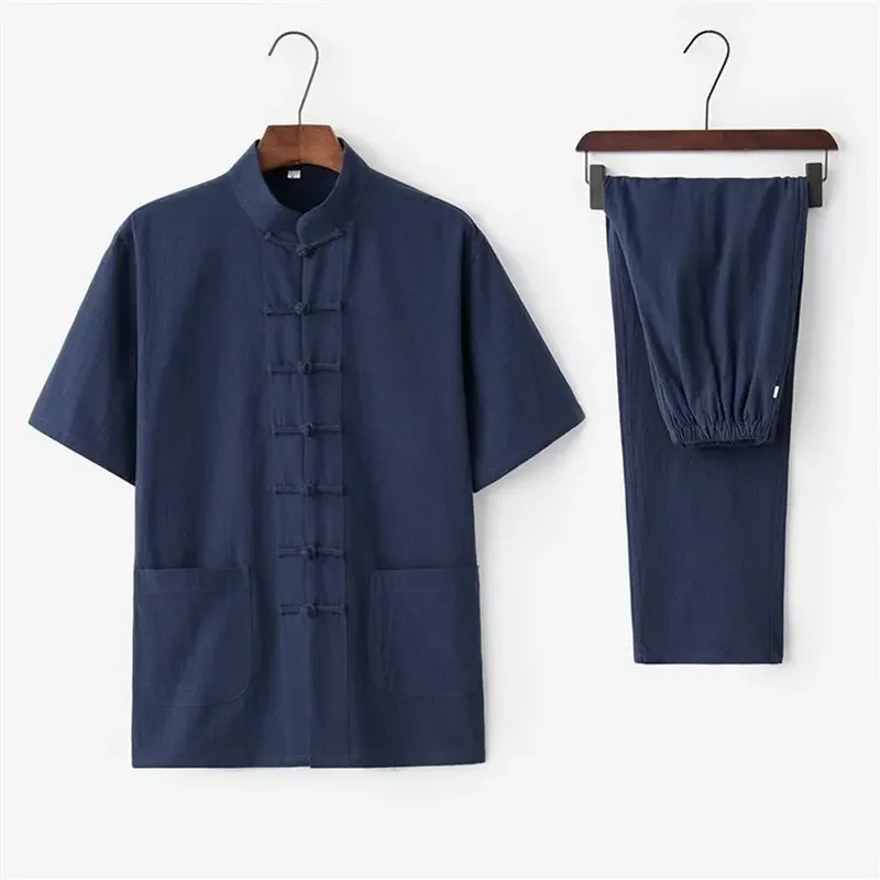Chinese Traditional Clothing Set Man Summer Linen Buckle Kung Fu Shirt Oriental Retro Top Pants Tai Chi Breathable Uniforms