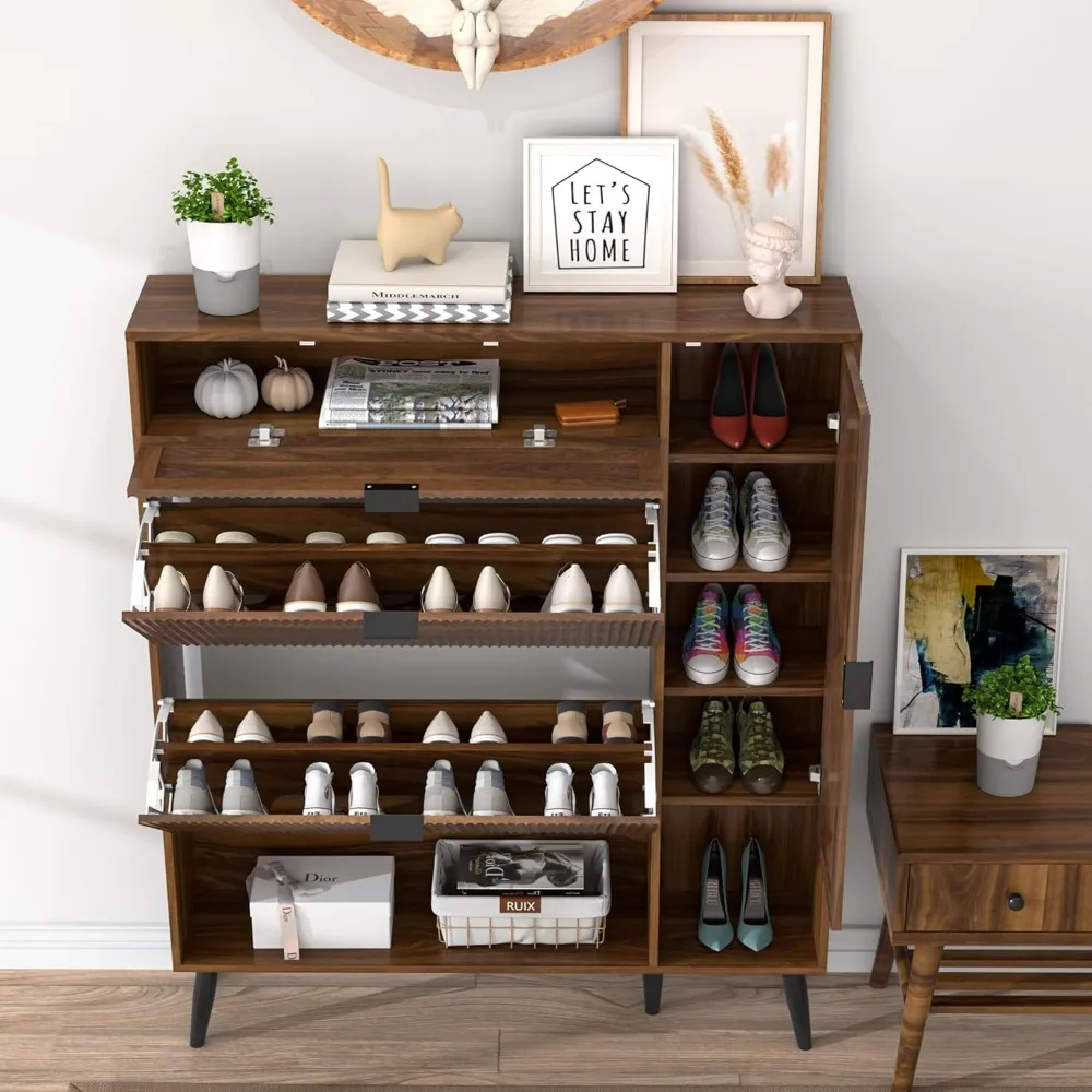 Shoe Storage Cabinet with 2 Flip Drawers Narrow Shoe Cabinet with Doors Freestanding Shoe Organizer Cabinet with Adjustable Shel 5