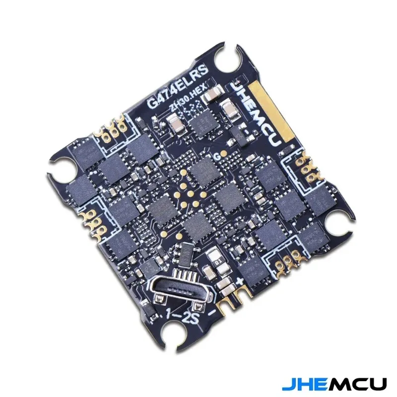 Carte JHEMCU F411ELRS AIO 12A avec dissipateur thermique et broches, prête pour montage sur drone.