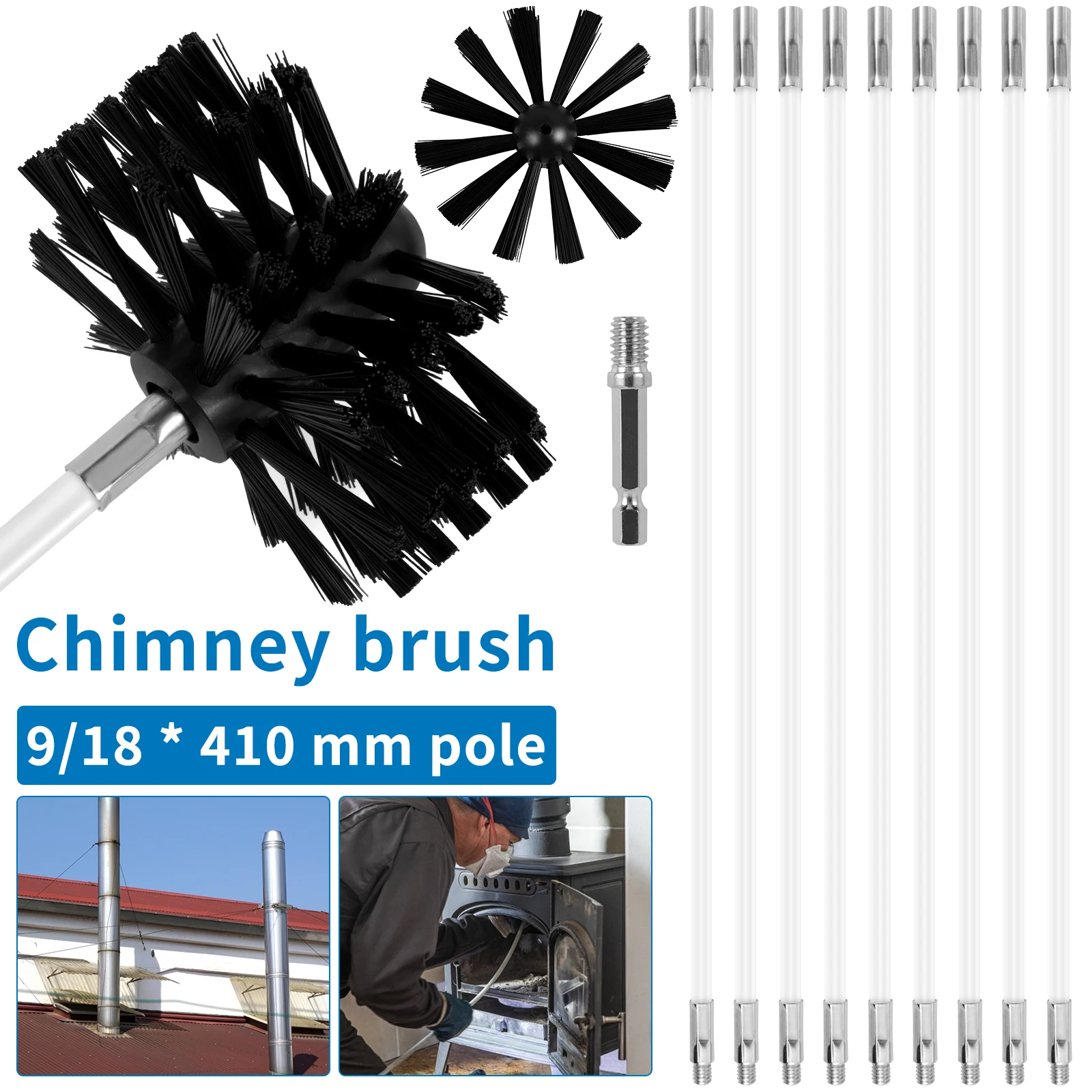 

Chimney Cleaning Brush Extendable Flexible Dryer Vent Cleaner Soft Bristle Effective Air Duct Cleaning Tool with 9/18 Rods Hex