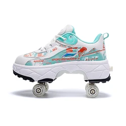 Youth Deform Roller Skates Shoes Four-Wheel Dual-Use Skating Shoes Double-Row Roller Unisex Sneakers Sport Parkour Shoes