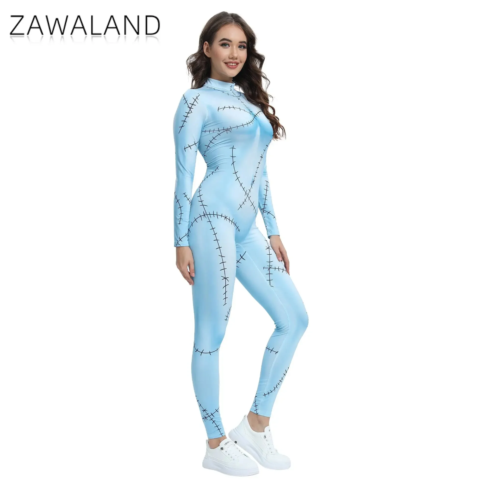 Zawaland Halloween Movie Sally Cosplay Party Horro Costume Women Slim Jumpsuit Catsuit Zentai Gothic Bodysuit
