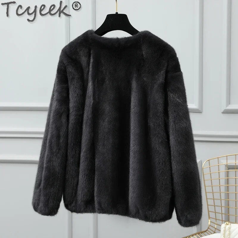 Tcyek 여성용 천연 밍크 모피 코트, 여성 패션, 리얼 모피 재킷, 전체 밍크 2023, 블랙, 겨울, 짧은 스타일