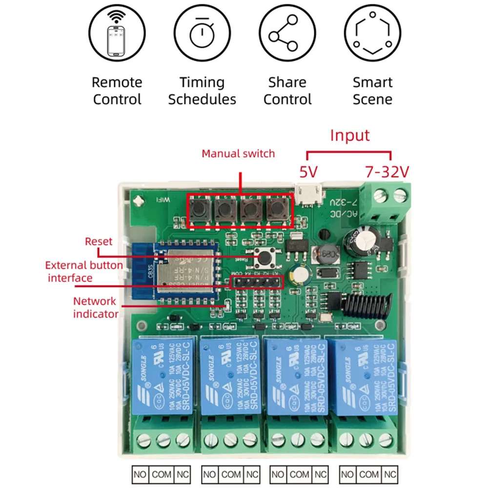 Tuya 스마트 4 채널 WiFi RF 순간 인칭 릴레이 자동 잠금 스위치 모듈, DIY WiFi 차고 도어 컨트롤러, Din 레일 하우징