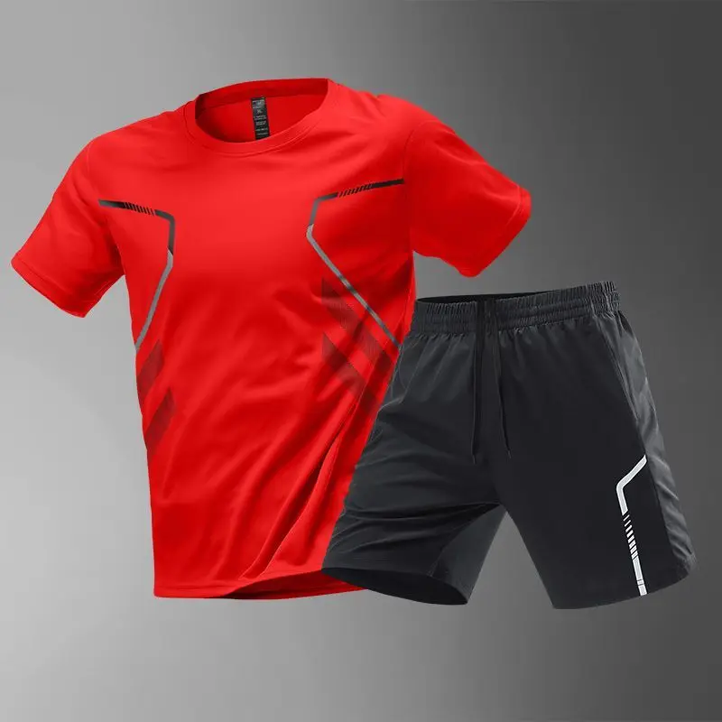 Summer Ice Silk Sports Men Sets New Quick Dry Breathable Gym Clothing Running Basketball Training Short Sleeve Tops Shorts Suit