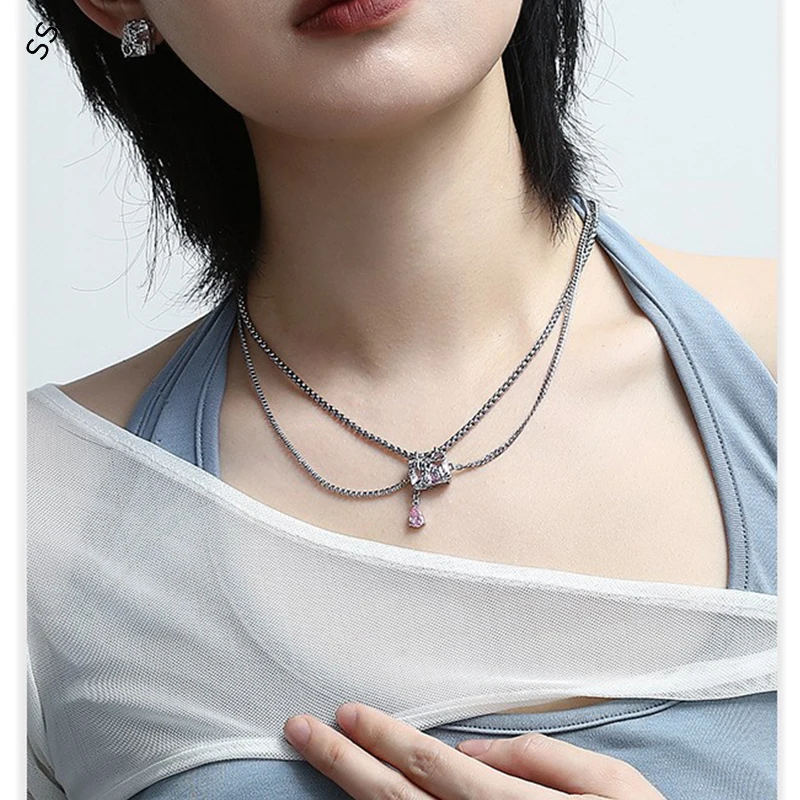 Sweet Pink Square Double Necklace Women's Pendant Temperament School Style Clavicle Chain Advanced Sense Lady Garment Accessory
