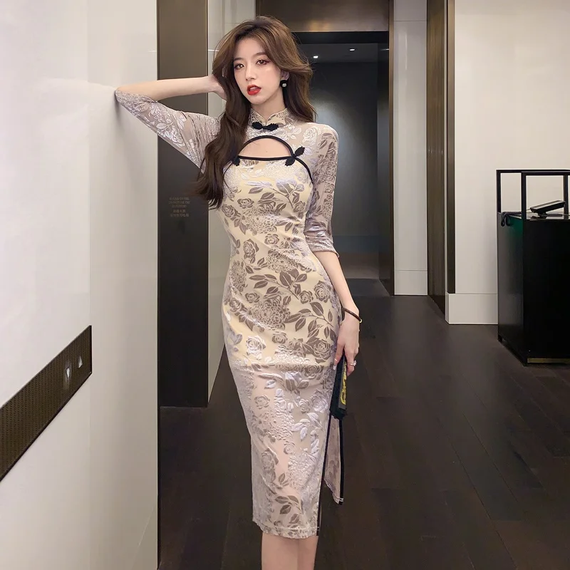 

Women Chinese Style Slim Cheongsam Dress Retro Sexy Midi Dress Vintage Oriental Qipao Party Dresses Bodycon Vestidos V3014