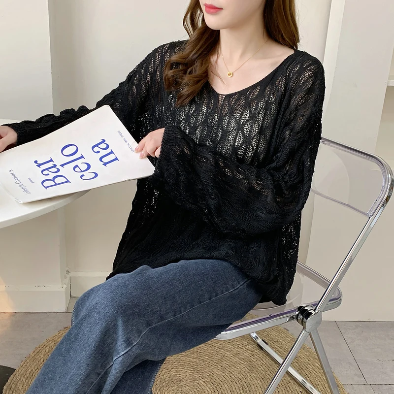 New Autumn Women's Clothing Hollow Round Neck Women's Long-sleeved Solid Color Top Casual Sweater Loose Jumper Knitwear