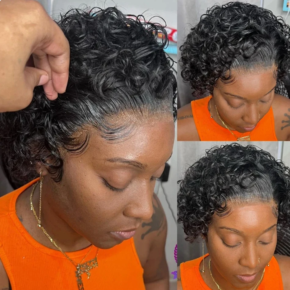 Human Hair Wigs Curly Pixie Cut Wig Lace Wig Water Curl Short Bob Human Hair For Women 13X1 Transparent Lace Hair Cheap Pre Plucked