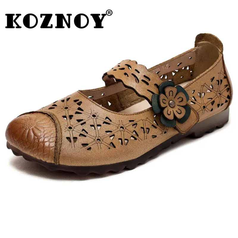 

Koznoy 1.5cm New Women Moccasins Genuine Leather Hook Summer Slip on Soft Soled Ballet Flats Loafers Comfy Ladies Females Shoes