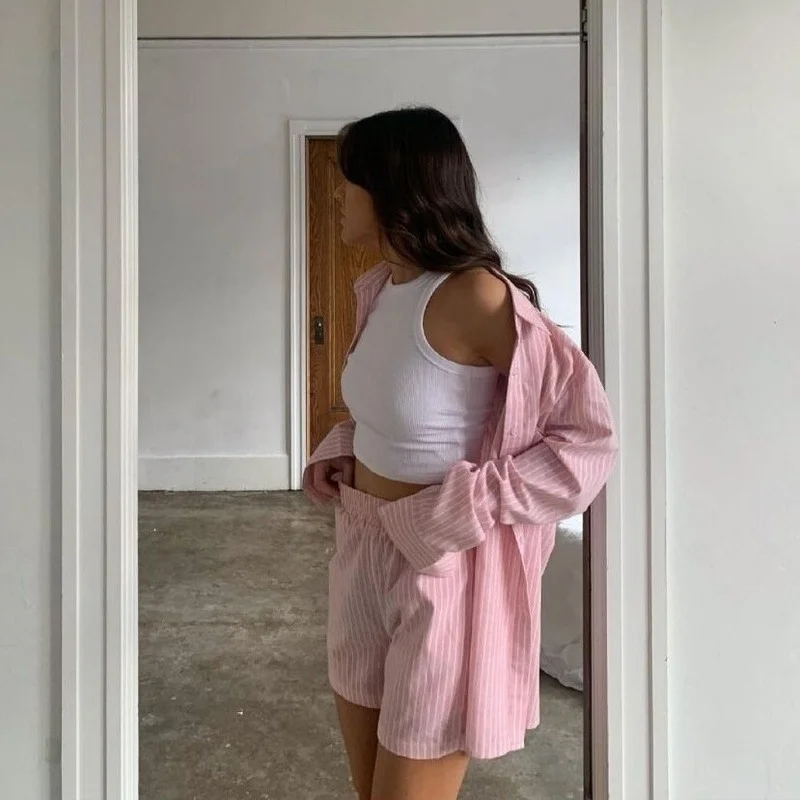 SOUPINMAO Loung Wear Women's Home Clothes Stripe Long Sleeve Shirt Tops and Loose High Waisted Mini Shorts Two Piece Set Pajamas