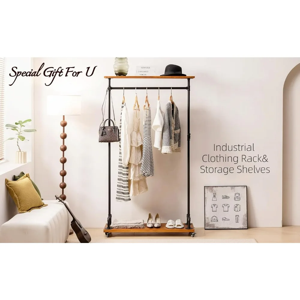 Portable Heavy-Duty Iron Clothing Rack with Wooden Shelves for Industrial Use