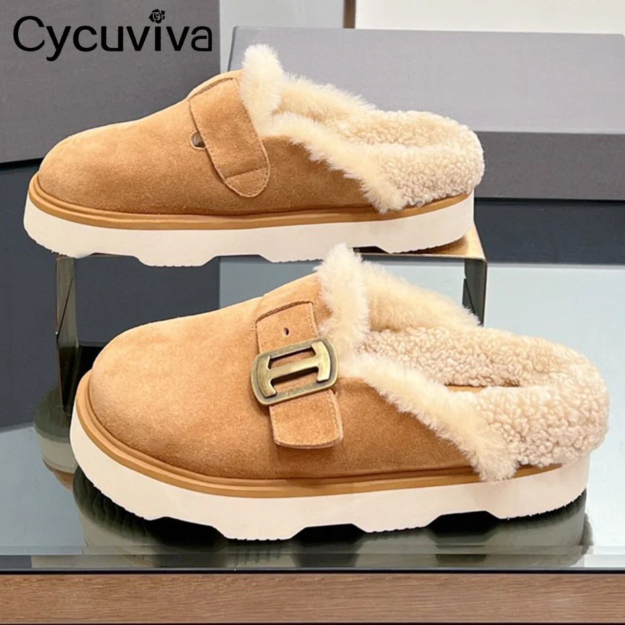 

Wrap Toe Suede Leather Fur Wool Slippers Women Design Brand Thick Sole Half Slippers Autumn Casual Comfort Flat Shoes For Women