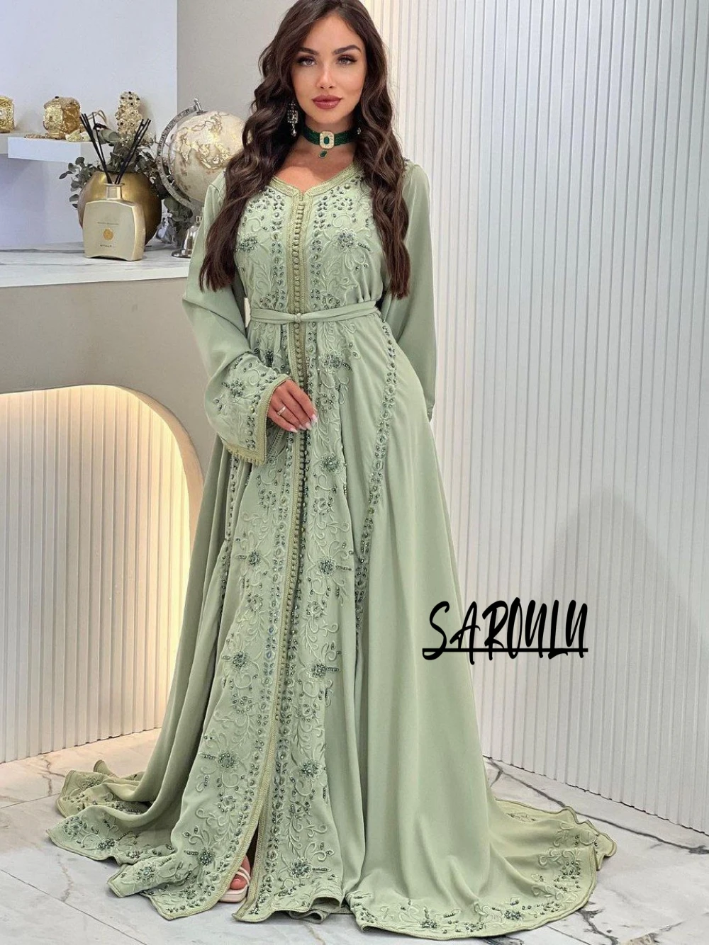 

Kaftan Beaded Appliques Evening Dresses Party A-line Long Sleeve Bridal Dress Muslim Floor-length Gown Robe De Mariée