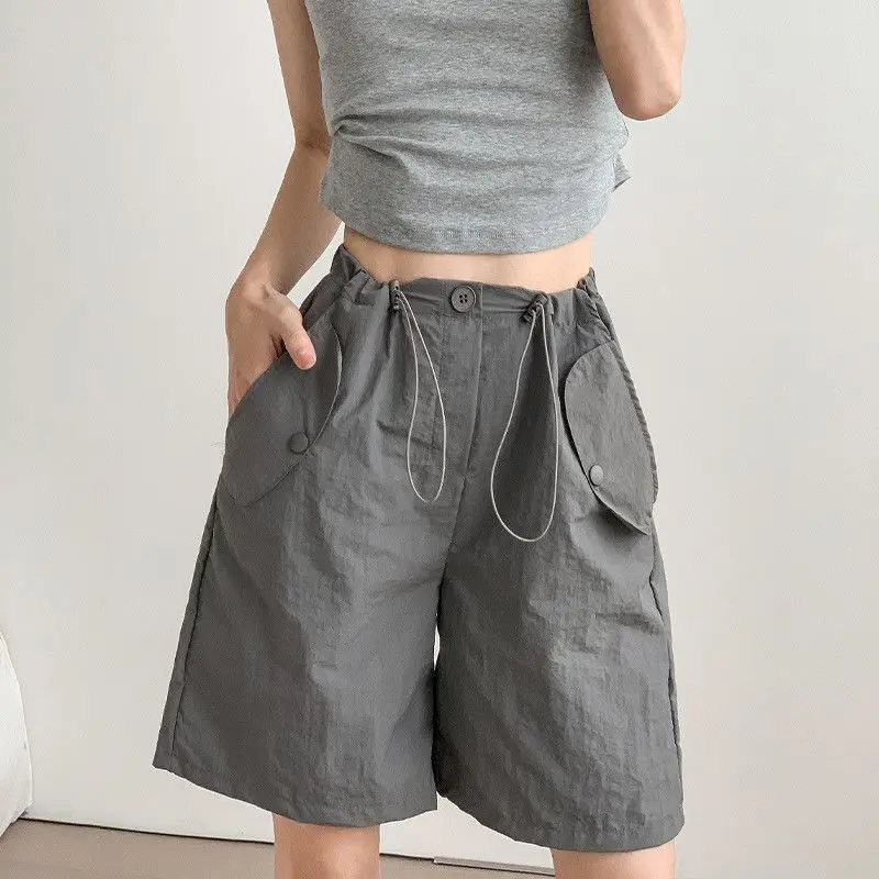 

Summer New Cargo Shorts Women High Waist Drawstring Loose Wide Leg Pants American Style Quick Drying Short Sweatpants Femme