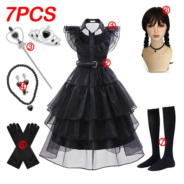 Girls Wednesday Addams Costume Dress with Princess Accessories