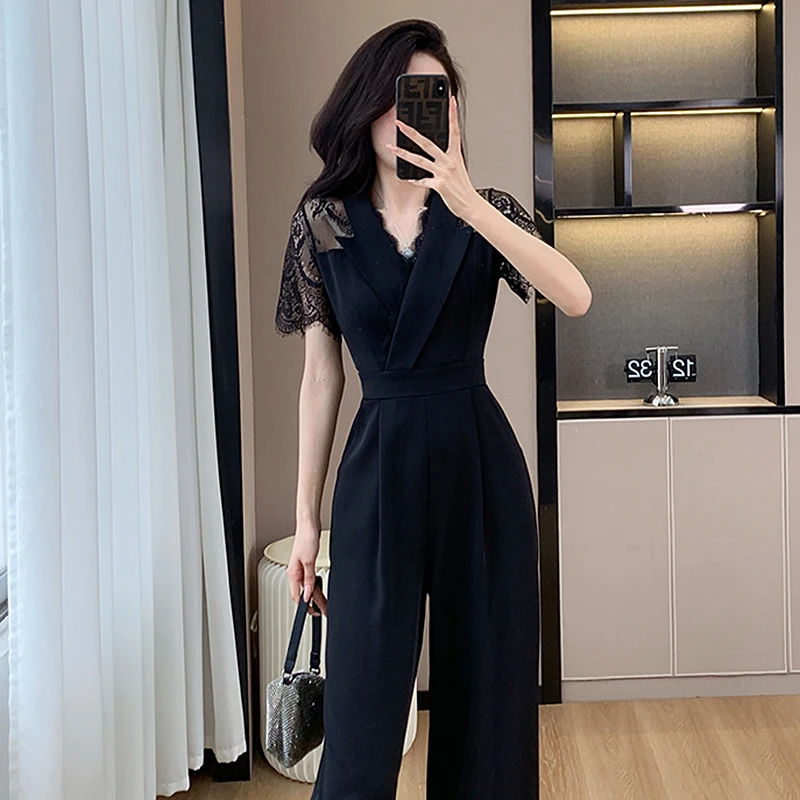 

Office Lady Lace Patchwork Black Jumpsuit Women Summer High Waist Short Sleeve Jumpsuits Combinaison Femme Overalls