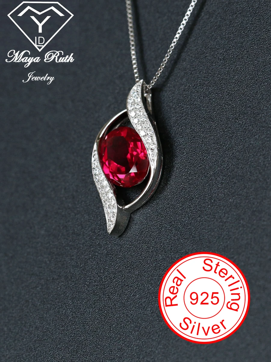 

Lab Created Ruby Gemstone Pendant 925 Sterling Silver Party For Women Brilliant Cut Pigeon's egg Red Stone Female Retro Necklace