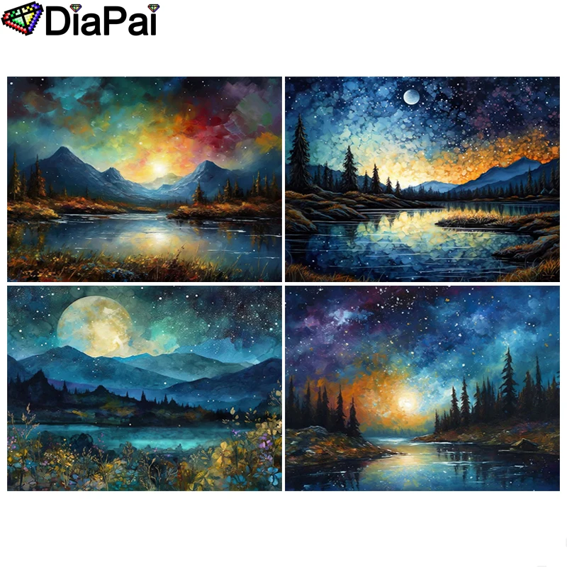 

Алмазная живопись DIAPAI, вышивка крестиком «Пейзаж гор, Луны», 5D алмазная вышивка «сделай сам», квадратная/круглая картина