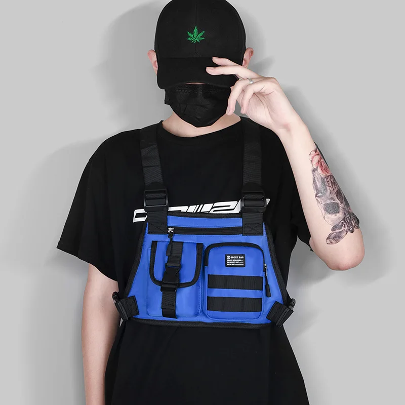 멀티 포켓 테크웨어 조끼 가방, 전술 힙합 미니 배낭, 야외 스포츠 사이클링 오토바이 체스트 백, 그린 오렌지 블루