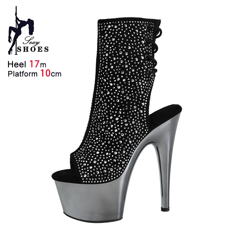 Suede Short Boots Woman Luxury Designer Nightclub Rhinestone Dance Shoes Peep Toe Thin High Heels Women 17CM Black Ankle Boots
