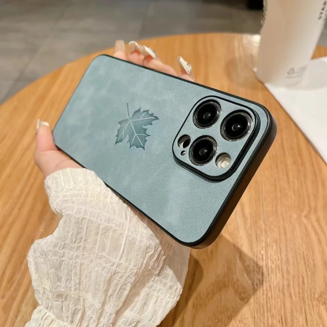 Luxury Maple Pattern Suede Leather Phone Case with Fine Hole Camera and Shockproof Soft Bumper Cover