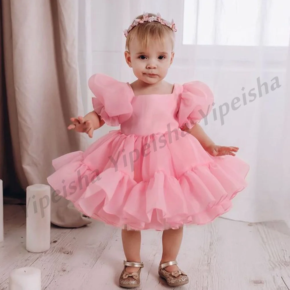 Cute Baby Girl Organza Flower  Dress Princess Party Gown Short Sleeves O Neck Puffy Birthday Communion Dresses for Christmas