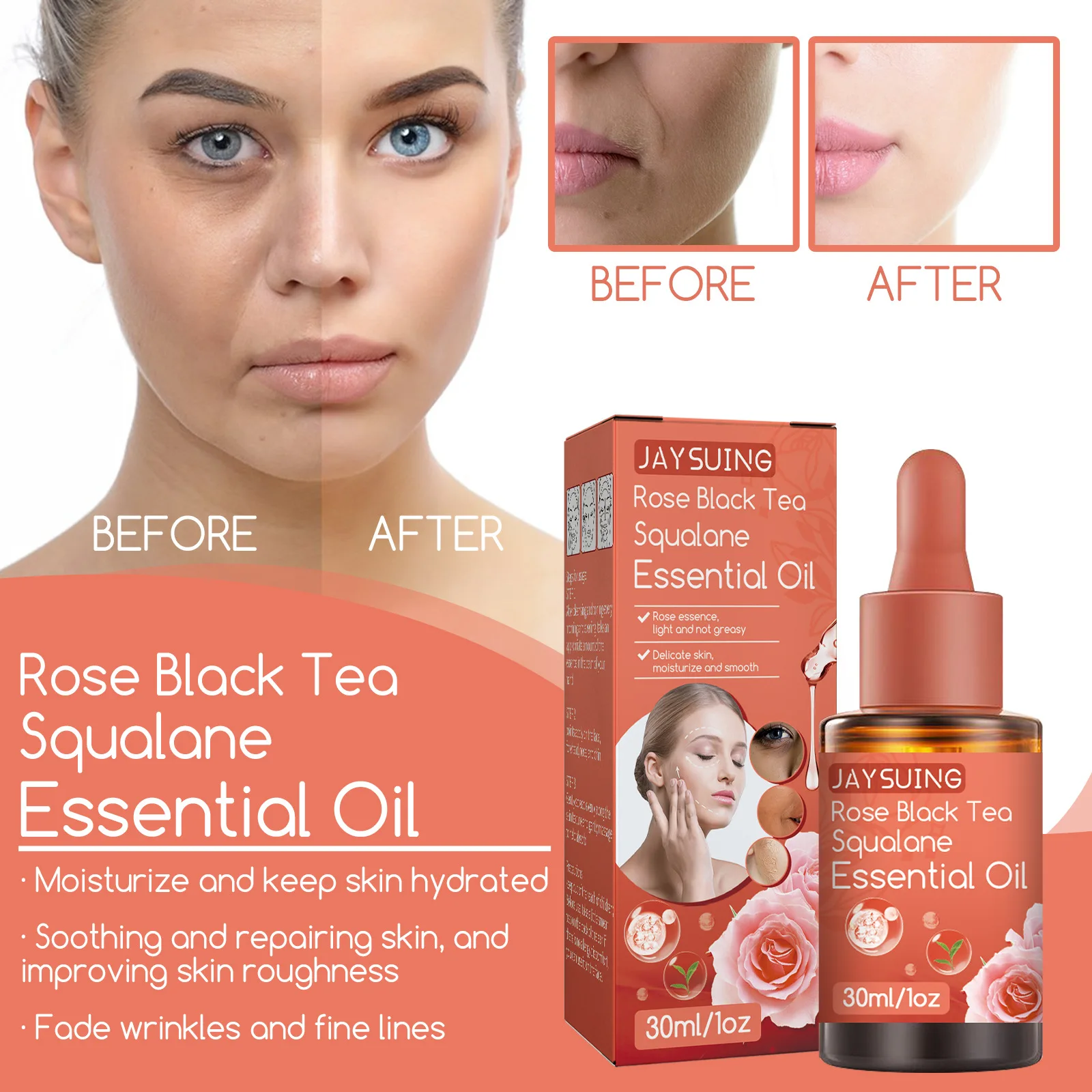 

Deep Anti-Wrinkle Serum Anti-Aging Moisturizing Whitening Brighten Fine Line Lift Rose Black Tea Squalane Essential Oil