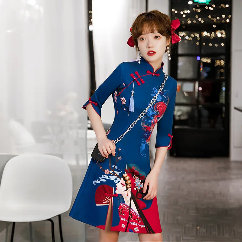 

Мини-платье Qipao женское с воротником-стойкой, приталенное в китайском стиле, с винтажным принтом, с разрезом и вилкой, Чонсам для молодых девушек