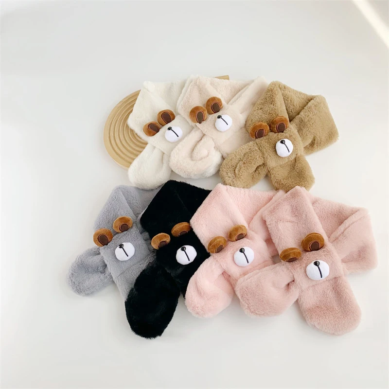Cartoon Plush Baby Scarf Winter Faux Fur Scarves for Toddler Boys Girls Cute Bear Warm Kids Cross Neckerchief