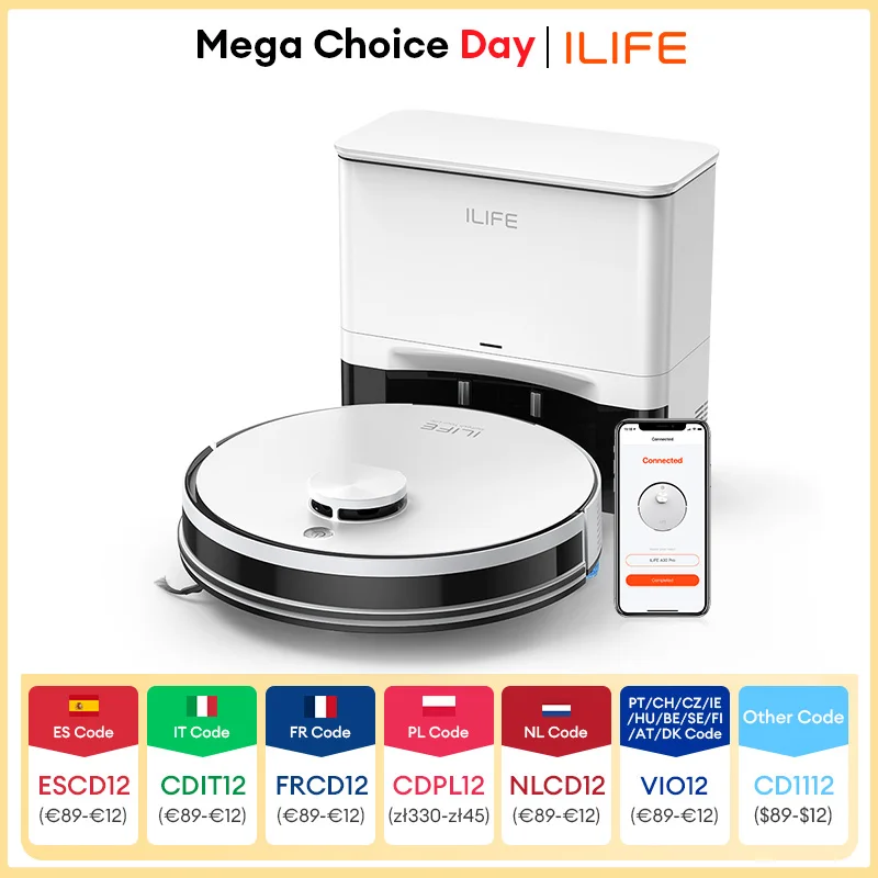 ILIFE A30 PRO 5000Pa Suction, Robot Vacuum and Mop Combo, Self emptying, 60 day capacity, App/remote , 180 minute running time
