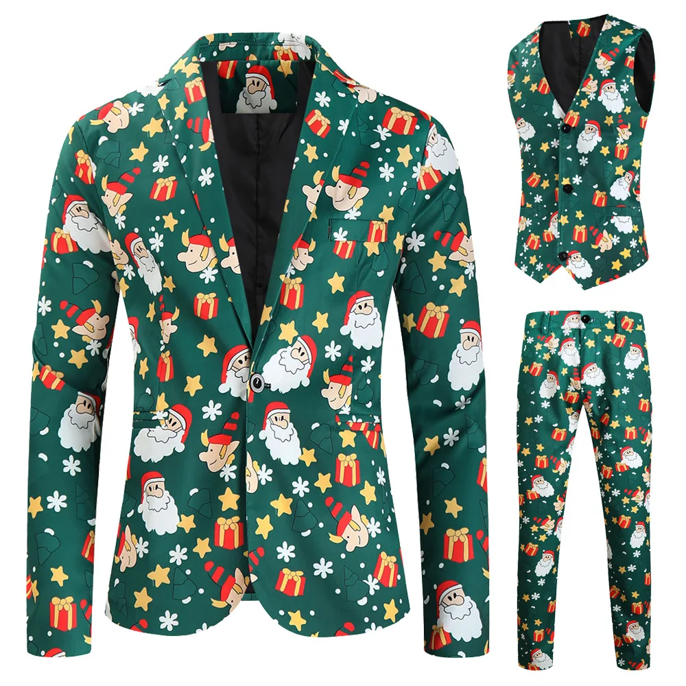 Trajes navideños para hombre, traje de 3 piezas de corte regular, estampado de copos de nieve, muñeco de nieve, chaqueta, pantalones, chalecos, conjunto de traje para hombre para Navidad