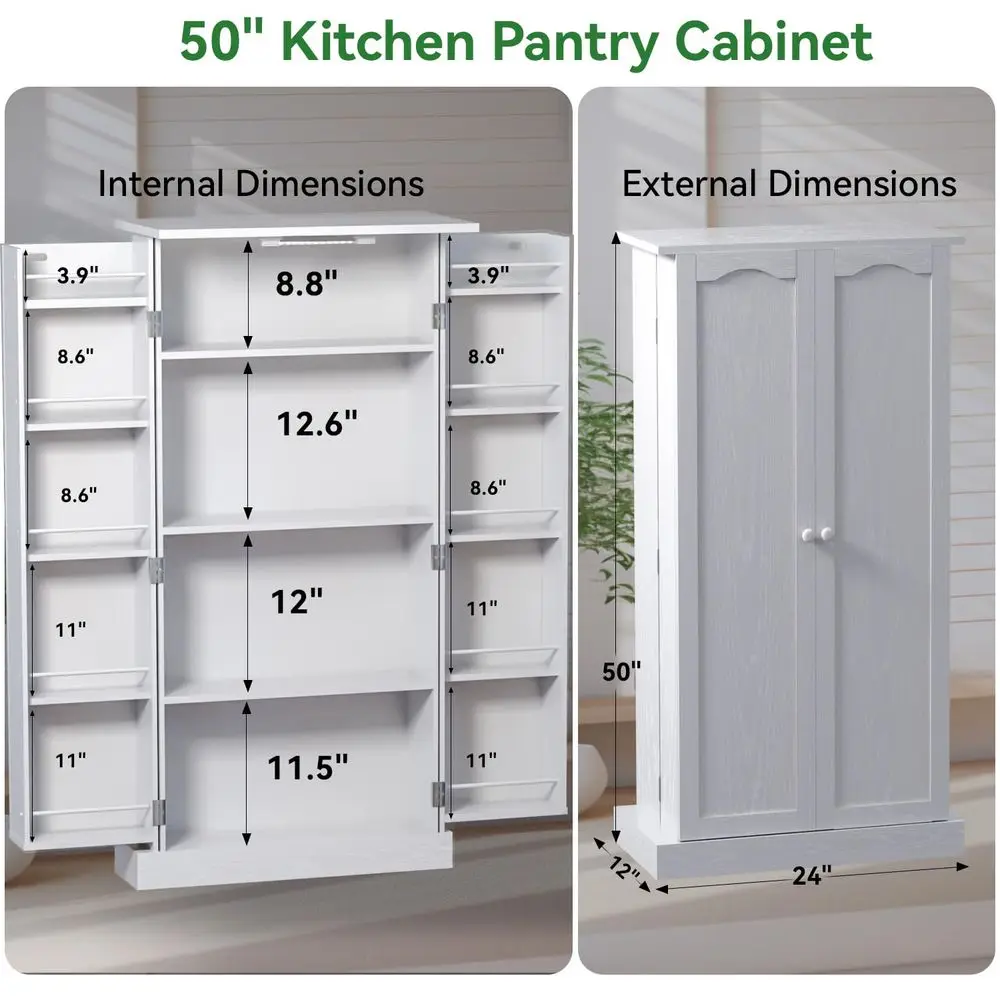 50 LED Kitchen Pantry Cabinet White Storage Cabinet Food Pantry with Doors and Adjustable Shelves Freestanding Buffet Cupboards 4