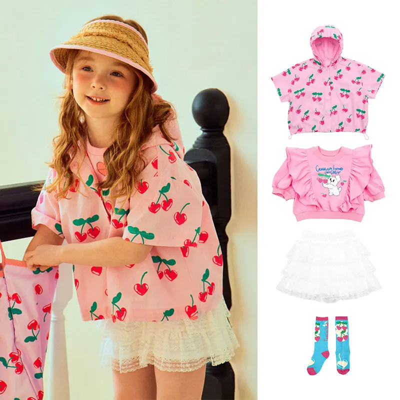 

BEBEBEBE Girls' coat Summer 2024 new cherry print children's coat cute sunscreen hooded coat kids clothes girls