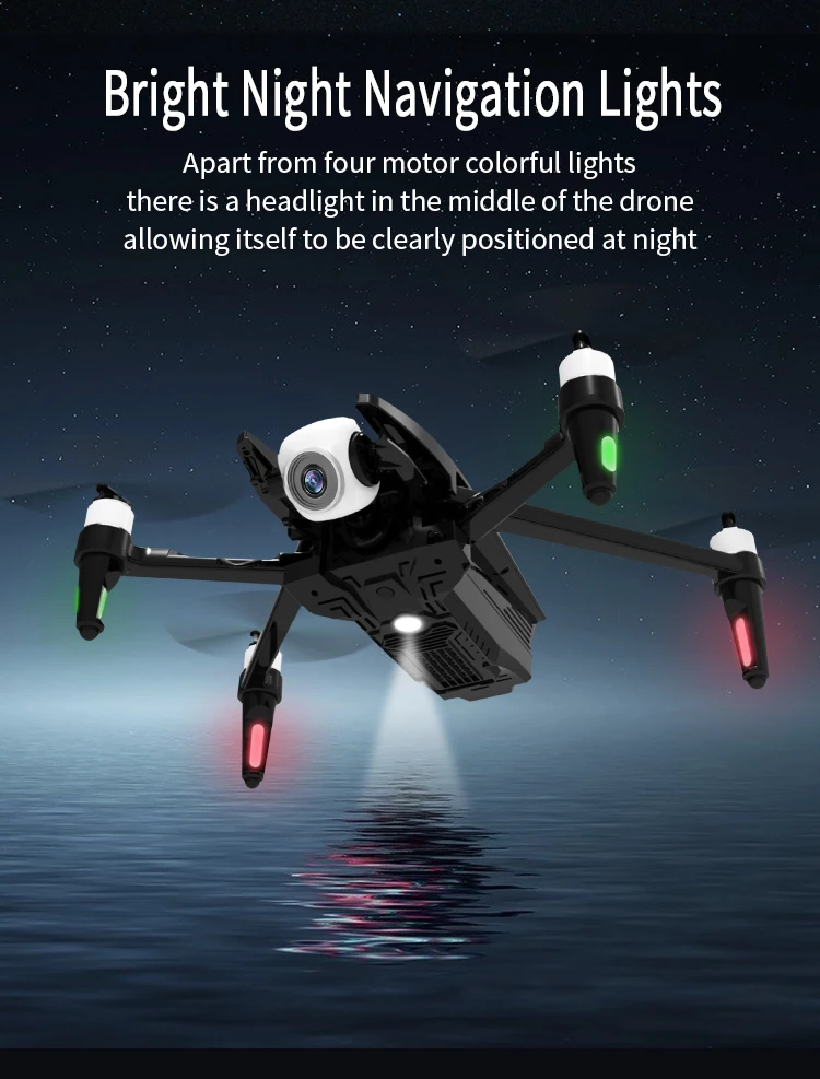 KK13 Drone, Bright Night Navigation Lights Apart from four motor colorful lights there is a headlight in the