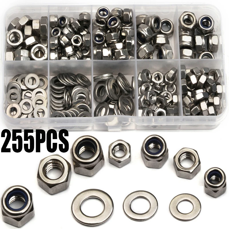 255PCS/set  M4/M5/M6 Stainless Steel Hexagon Screw Nuts Washer Kit With Flat Washer Plain Washer Gaskets Assortment Kit
