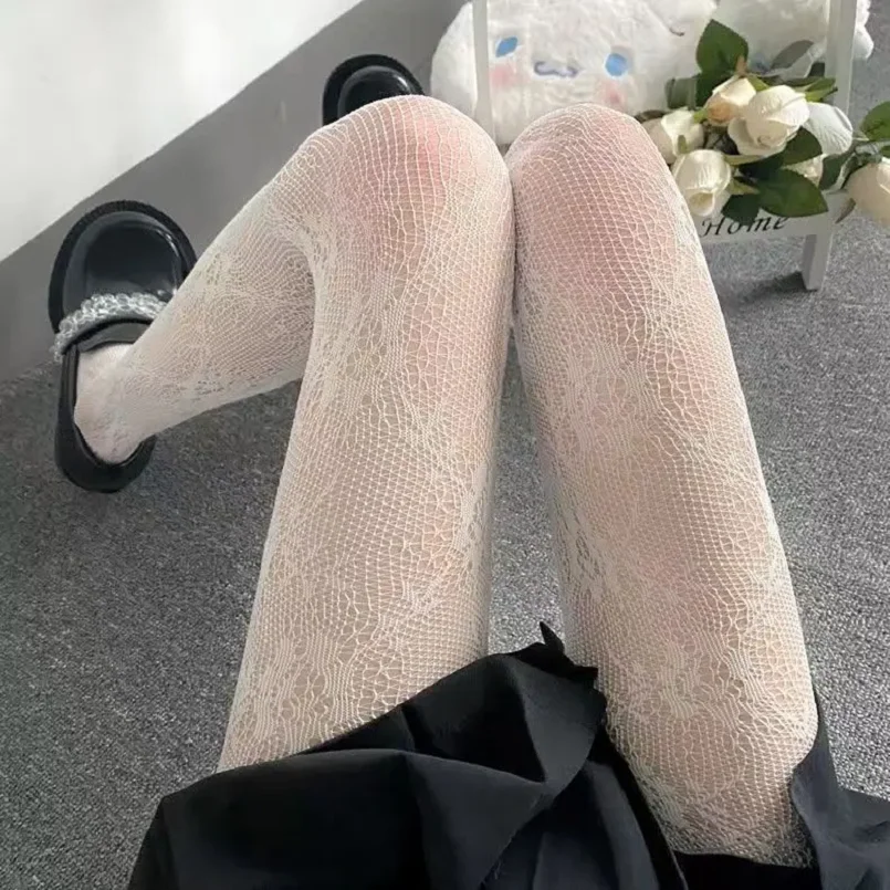 Woman Sexy Stockings Black White Lolita Cute Floral Letter JK Fishnet Pantyhose Thin Long Socks for Women Japanese Fashion