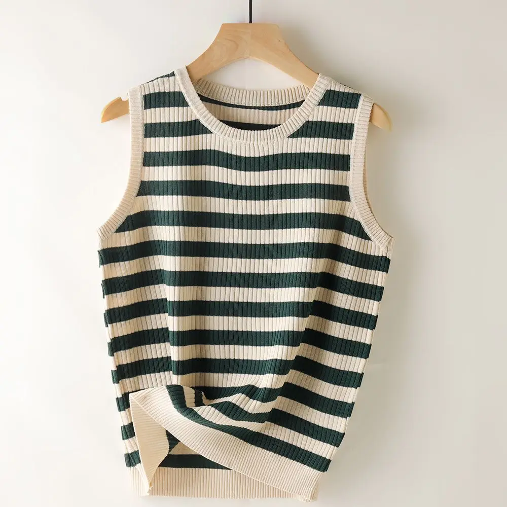 

2024 Women's Fashion Summer Ice Silk Thin Casual Vest Female Striped Suspenders Tops Ladies O-neck Sweater Tanks Tops H105