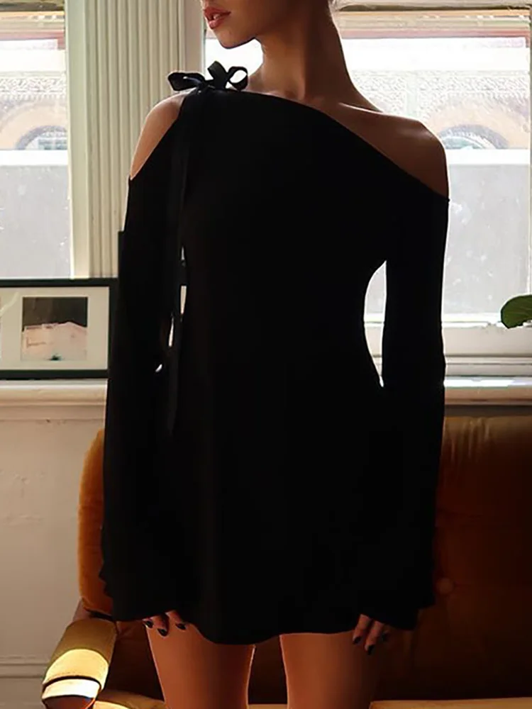 

Новинка, женское облегающее платье с диагональным воротником, шикарное женское однотонное платье на шнуровке с открытыми плечами, повседневное мини-платье с длинным рукавом в уличном стиле