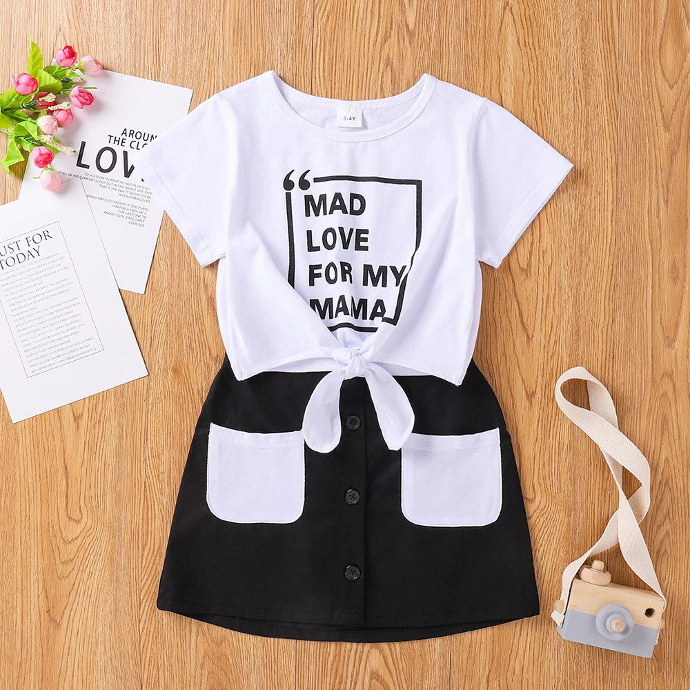 

3-8Y Cotton Children Clothing Summer Short Sleeve Pullover Tops +Skirt Elegant Dress for Girl Jumpsuit Outfits Kids Costume
